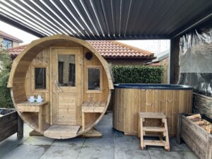 4-6 persons 2.4 m Nordic Thermowood Barrel Sauna with Porch - Image 8